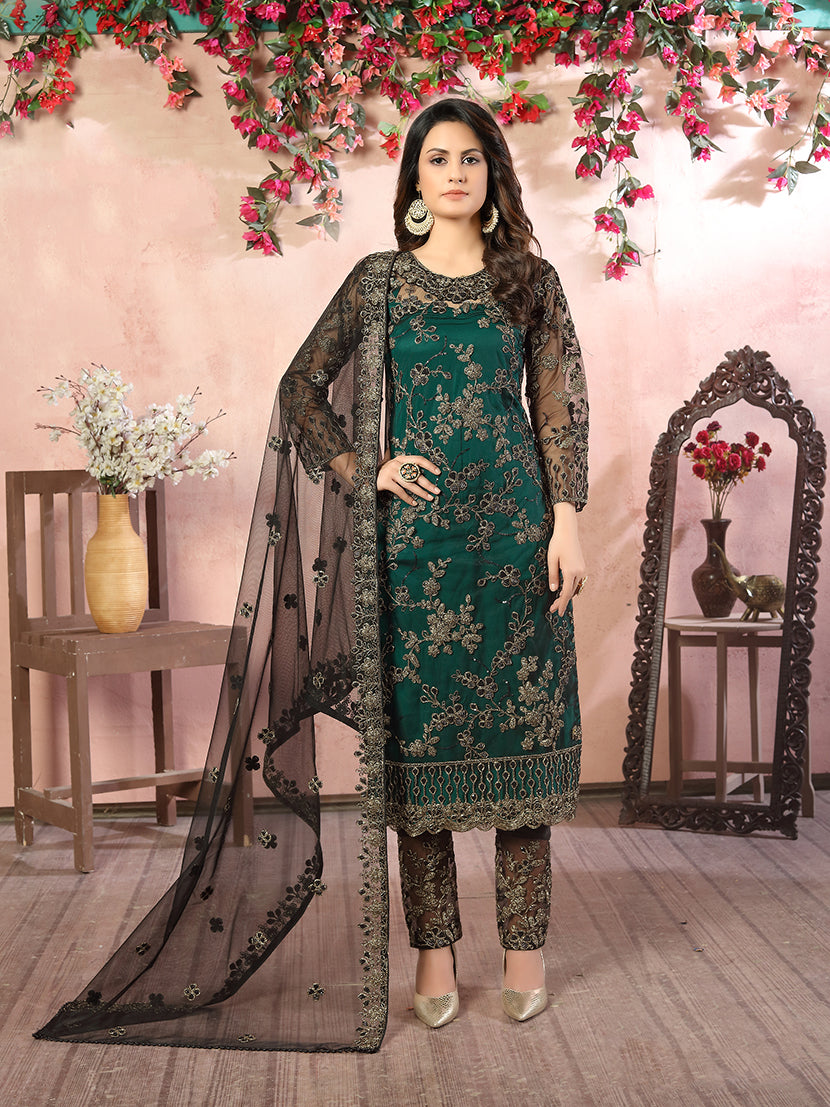 Monjolika Fashion Green Net Embroidery Trendy Salwar Kameez - Distacart