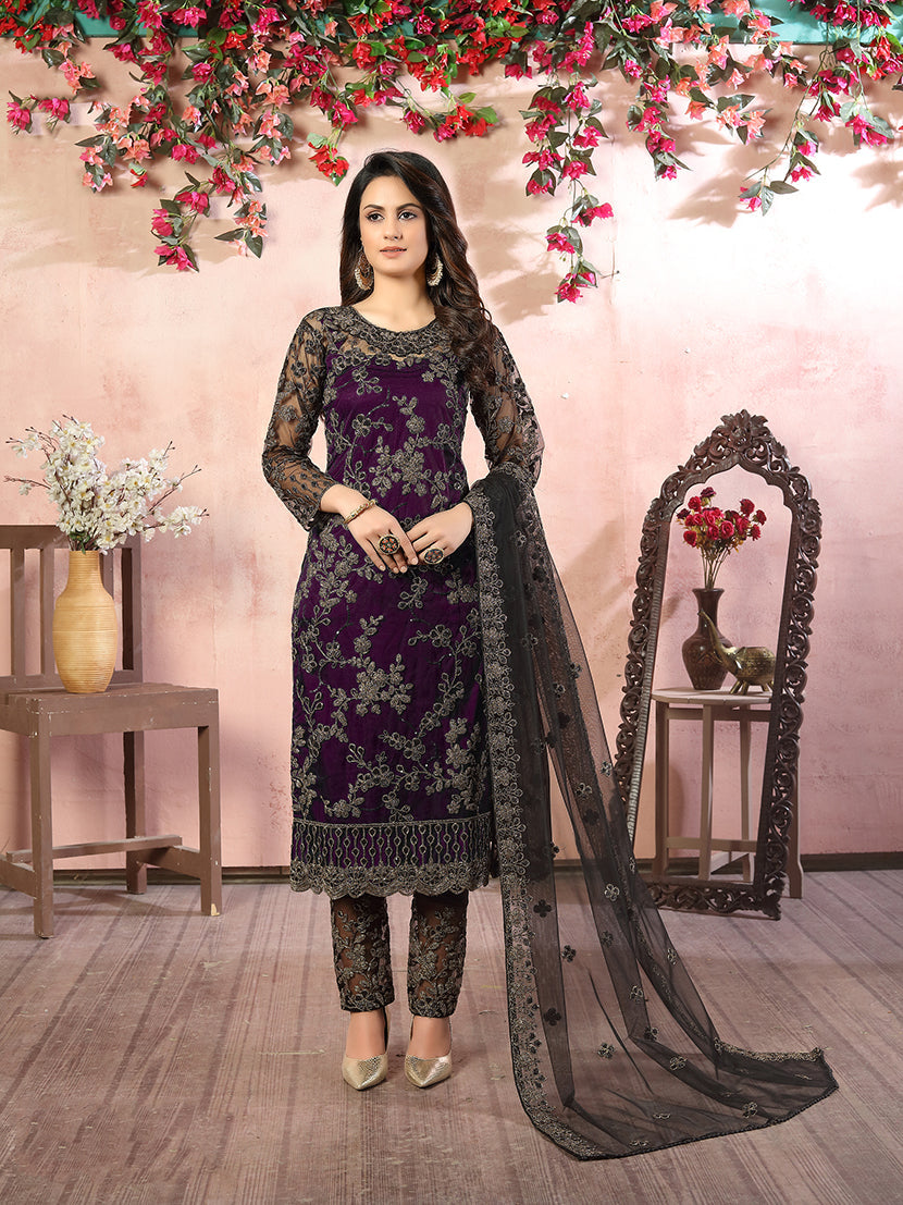 Monjolika Fashion Purple Net Embroidery Trendy Salwar Kameez - Distacart