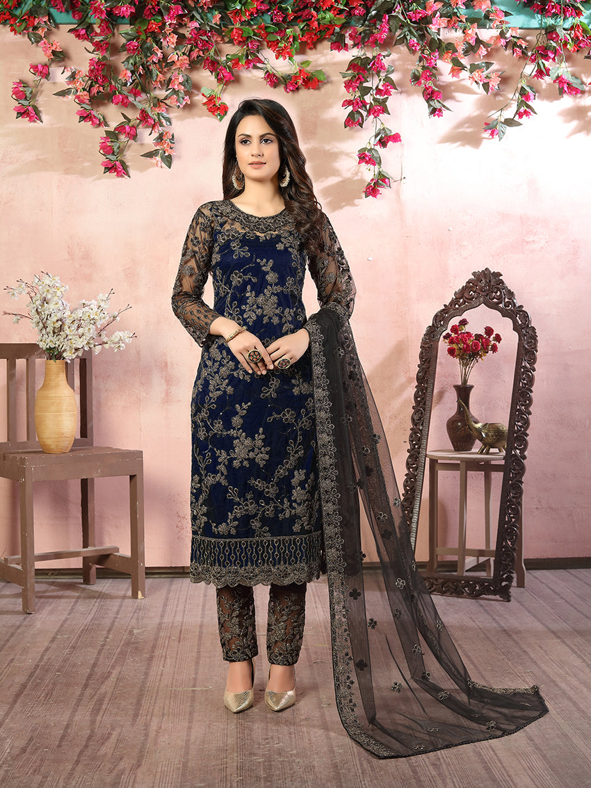 Monjolika Fashion Navy Net Embroidery Trendy Salwar Kameez - Distacart