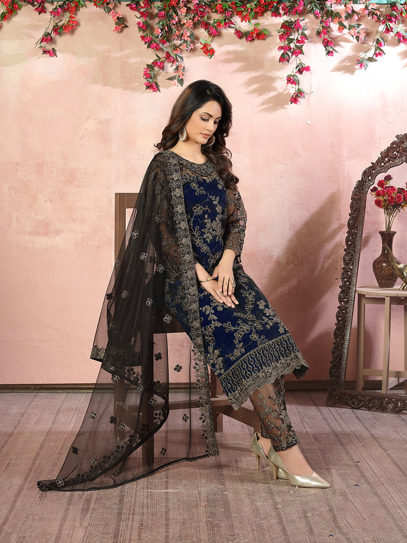 Monjolika Fashion Navy Net Embroidery Trendy Salwar Kameez - Distacart