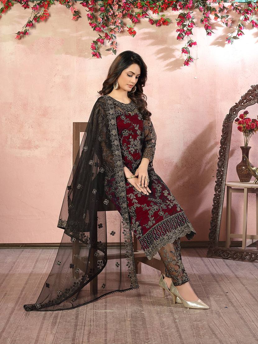 Monjolika Fashion Maroon Net Embroidery Trendy Salwar Kameez - Distacart