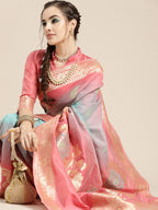 Saree Mall Pink & Blue Floral Dyed Banarasi Saree - Distacart