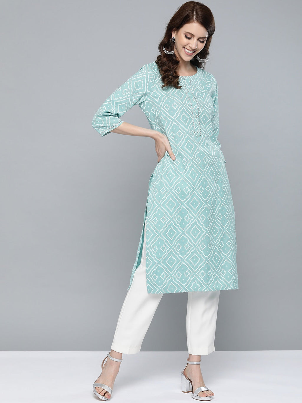 HERE&NOW Women Green & White Bandhani Print Straight Kurta
