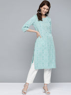 HERE&NOW Women Green & White Bandhani Print Straight Kurta