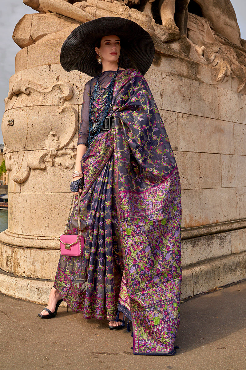 Monjolika Fashion Navy Blue Emblished Organza Contemporary Saree - Distacart