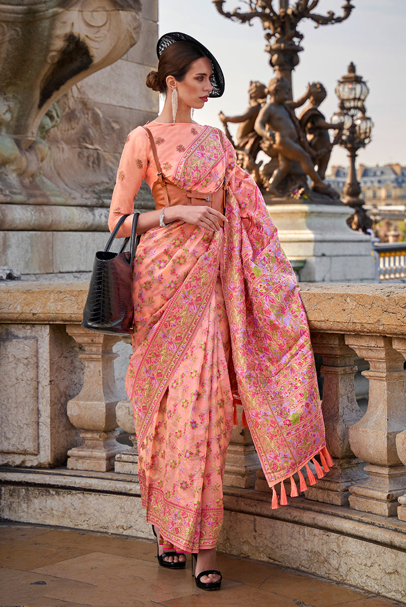 Monjolika Fashion Peach Emblished Organza Contemporary Saree - Distacart