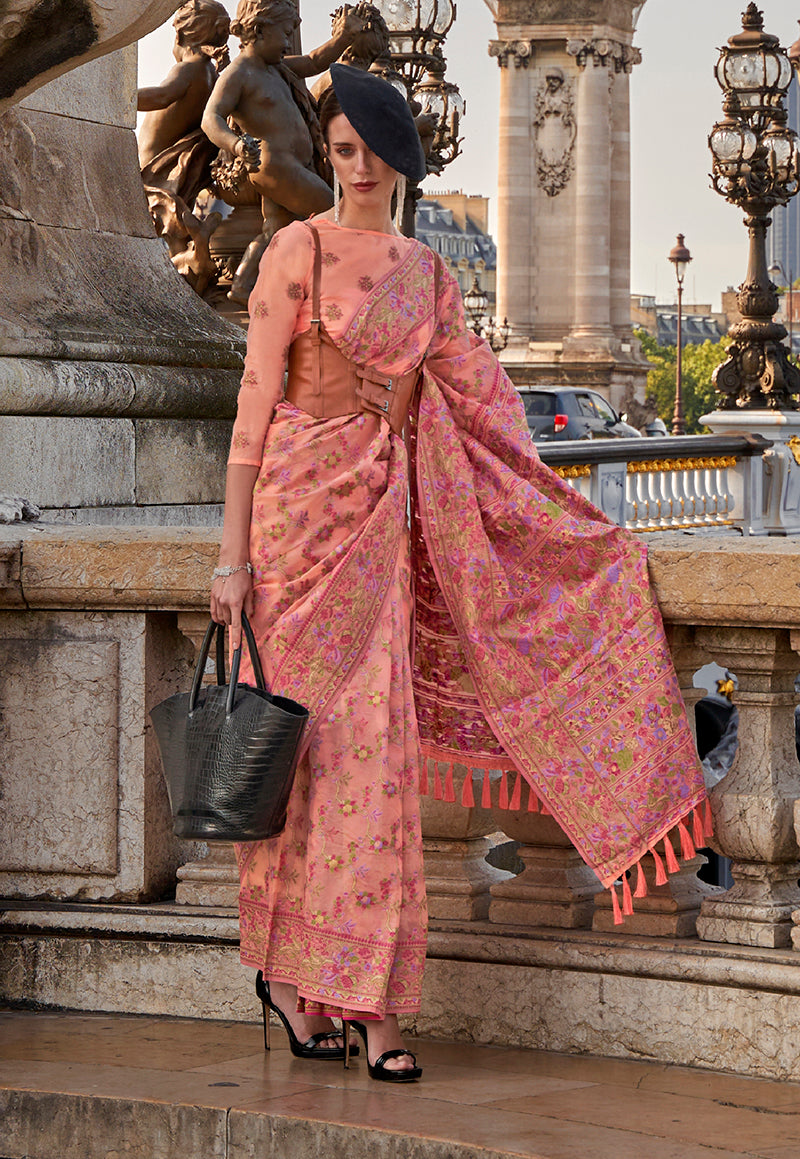 Monjolika Fashion Peach Emblished Organza Contemporary Saree - Distacart