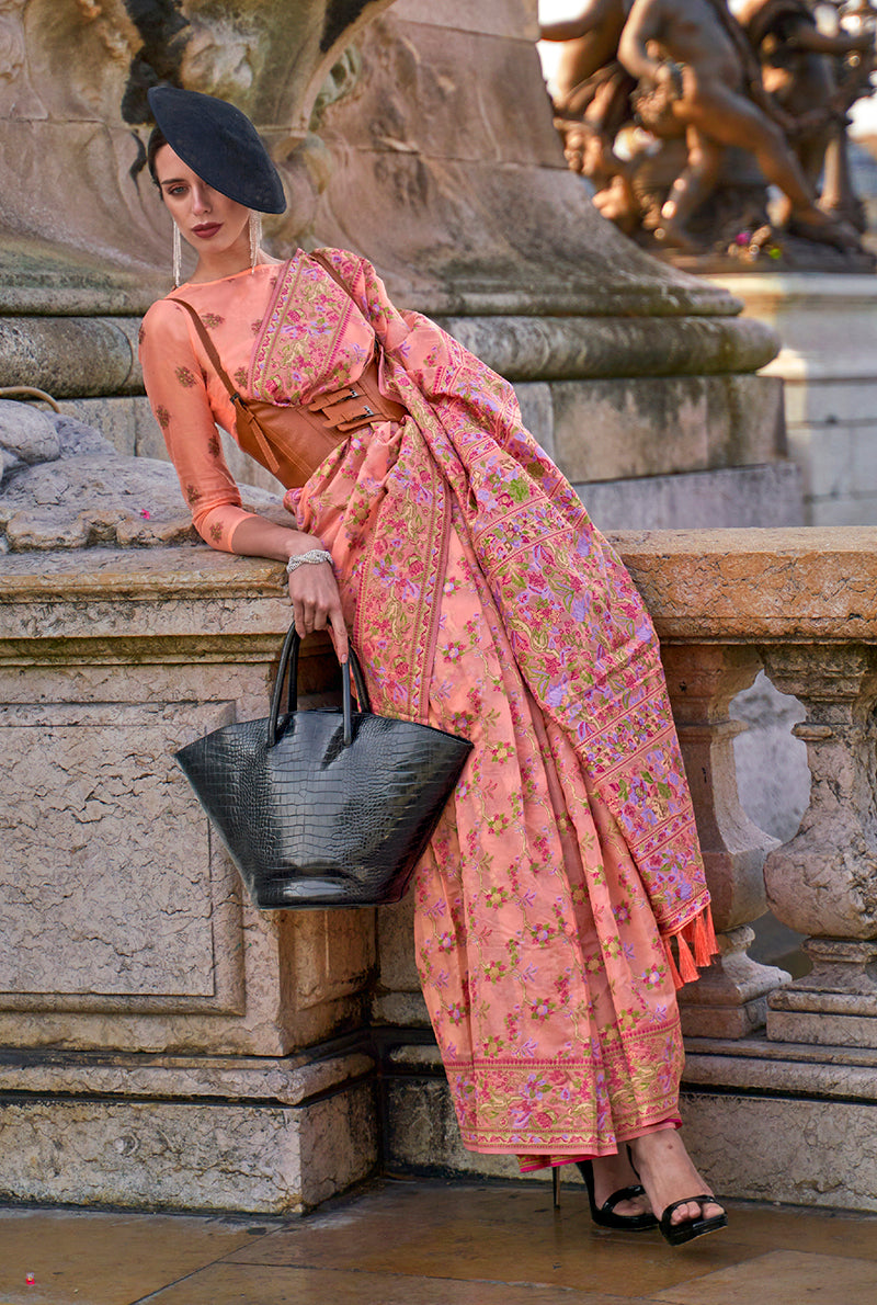 Monjolika Fashion Peach Emblished Organza Contemporary Saree - Distacart