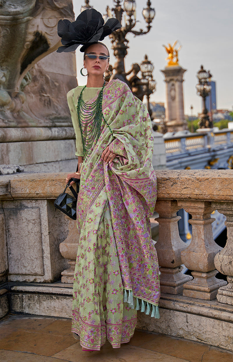 Monjolika Fashion Light Green Emblished Organza Contemporary Saree - Distacart