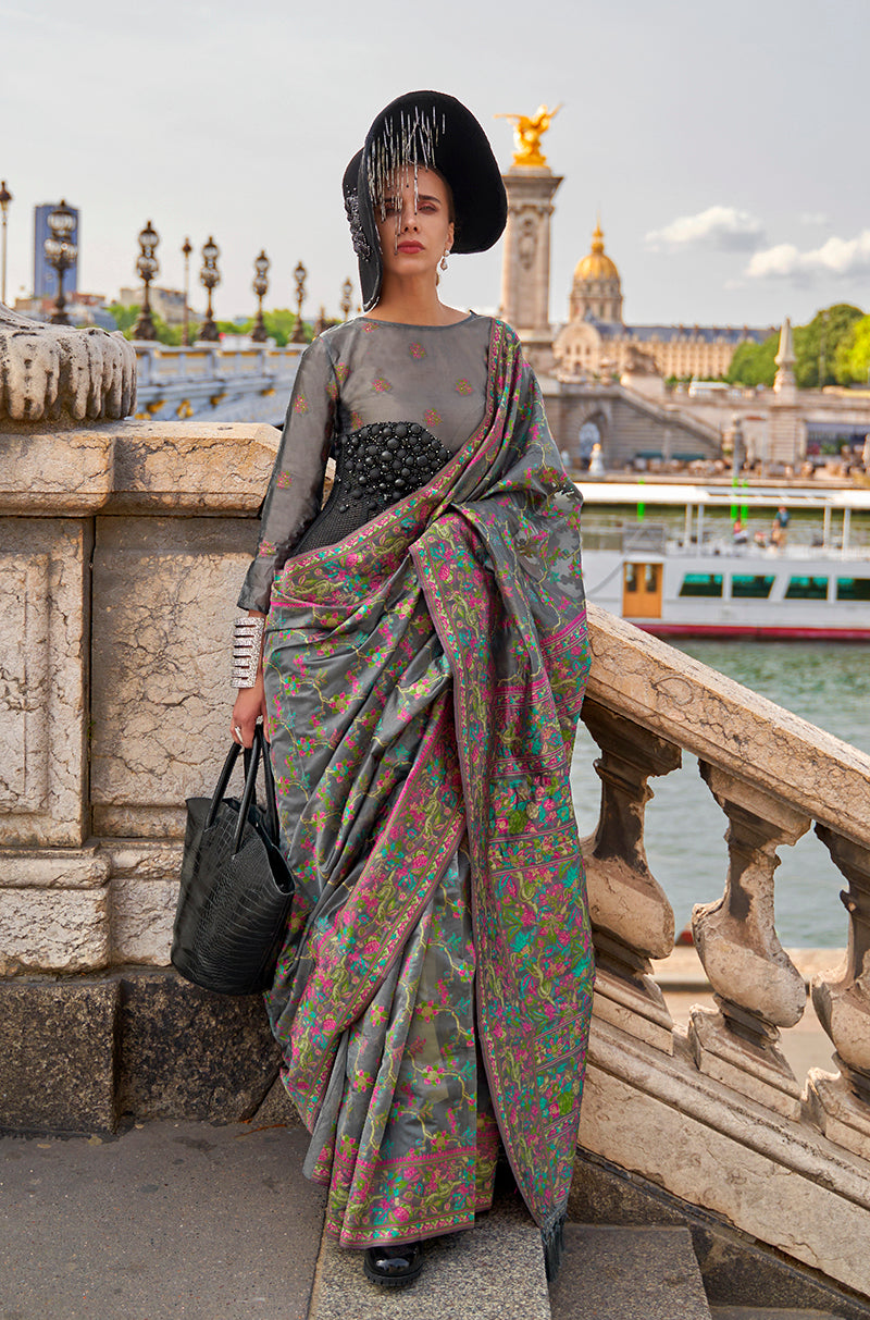 Monjolika Fashion Grey Emblished Organza Contemporary Saree - Distacart