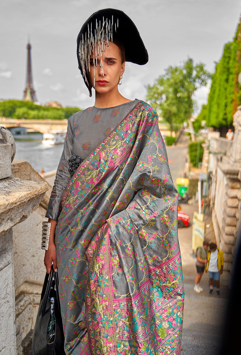 Monjolika Fashion Grey Emblished Organza Contemporary Saree - Distacart