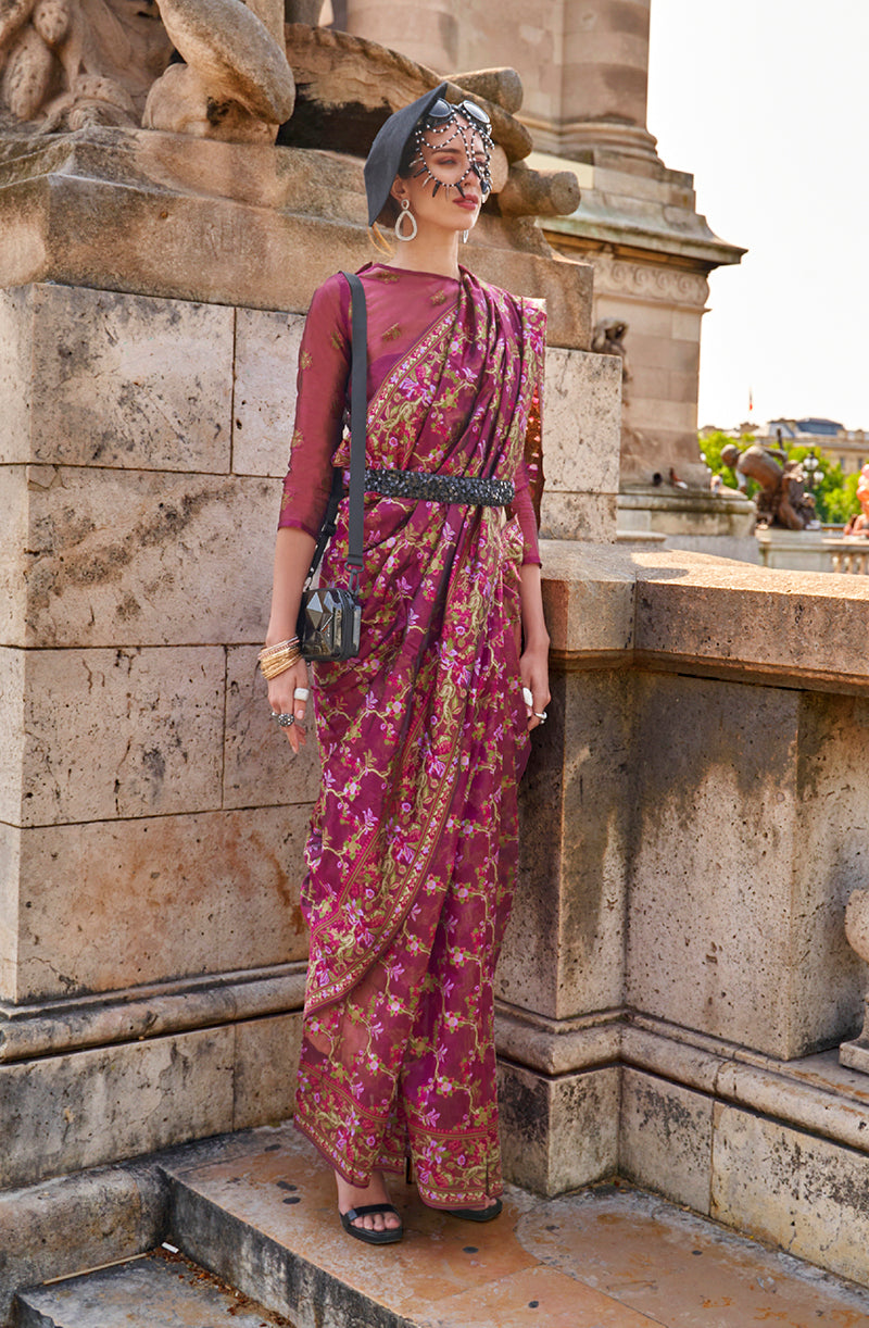 Monjolika Fashion Magenta Emblished Organza Contemporary Saree - Distacart