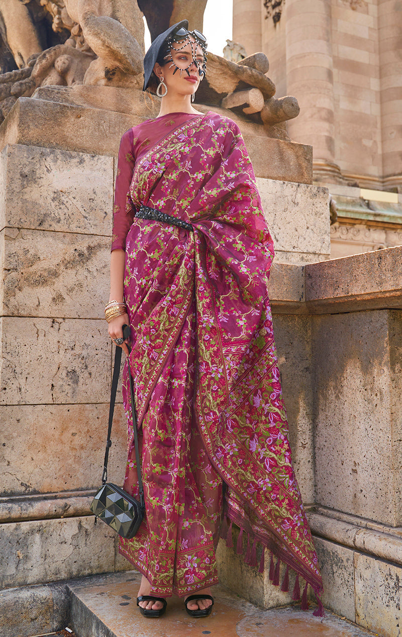 Monjolika Fashion Magenta Emblished Organza Contemporary Saree - Distacart