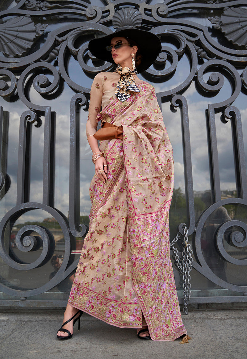 Monjolika Fashion Beige Emblished Organza Contemporary Saree - Distacart