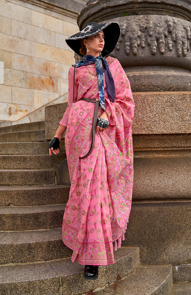 Monjolika Fashion Pink Emblished Organza Contemporary Saree - Distacart