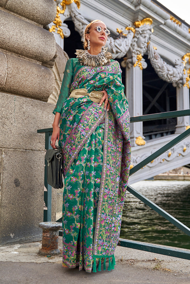Monjolika Fashion Teal Emblished Organza Contemporary Saree - Distacart