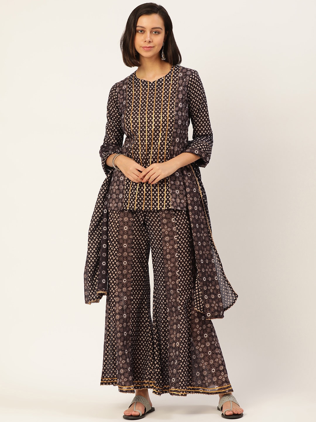 HERE&NOW Women Brown Printed Pure Cotton Top with Palazzos & With Dupatta