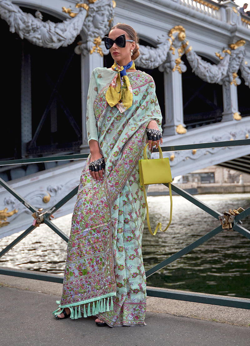 Monjolika Fashion Pastel Blue Emblished Organza Contemporary Saree - Distacart