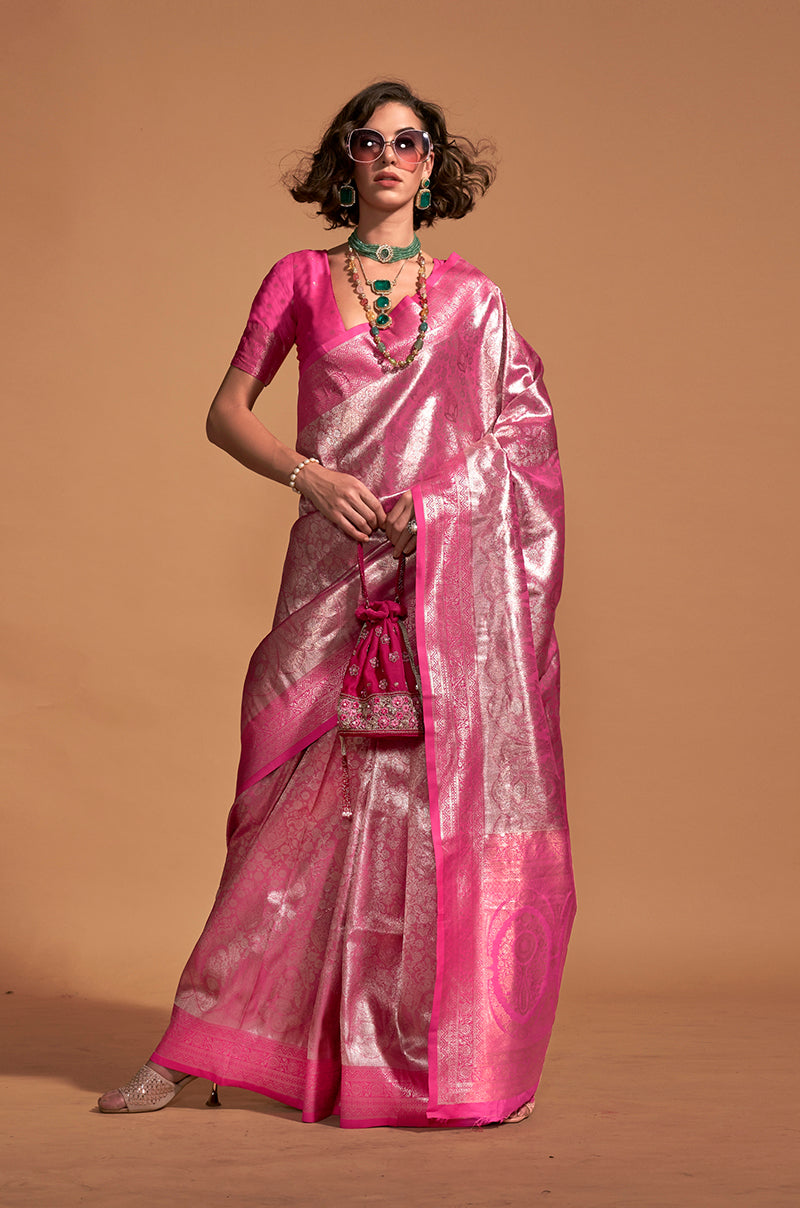 Monjolika Fashion Pink Kanjipuram Silk Woven Designer Saree - Distacart