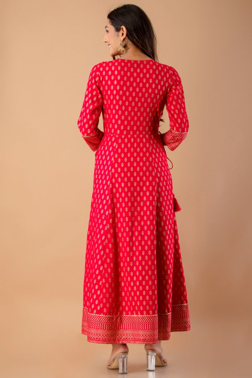 Juniper Fuchsia Rayon Festive Wear Foil Printed A-Line Long Dress - Distacart