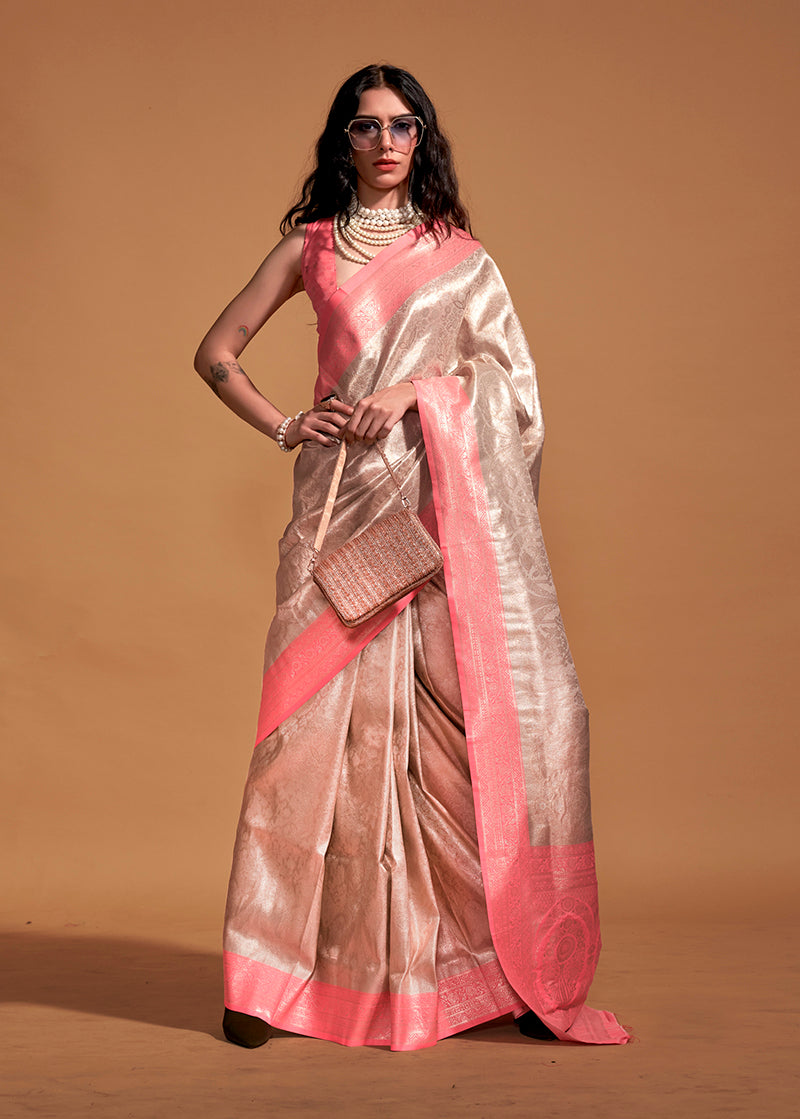 Monjolika Fashion Peach Kanjipuram Silk Woven Designer Saree