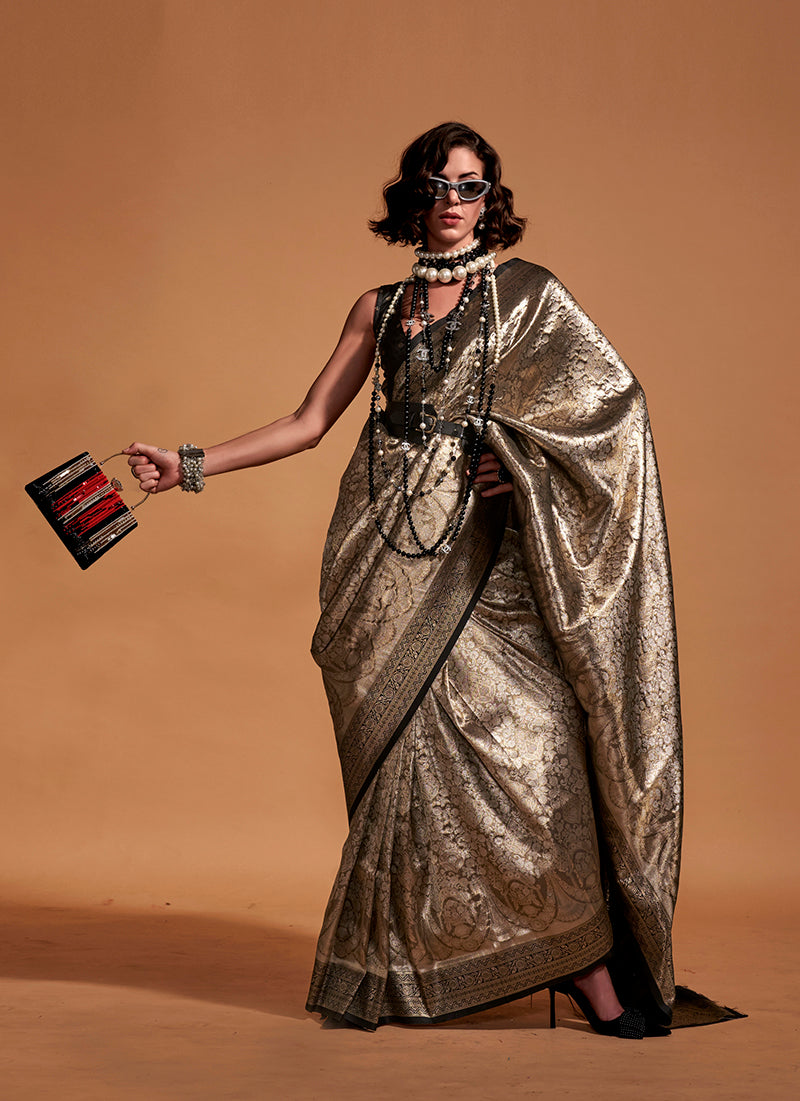 Monjolika Fashion Black And Gold Kanjipuram Silk Woven Designer Saree - Distacart