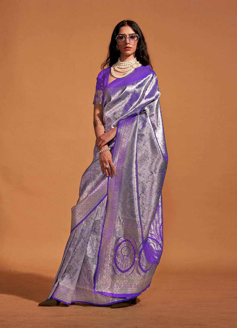 Monjolika Fashion Dark Violet Kanjipuram Silk Woven Designer Saree - Distacart