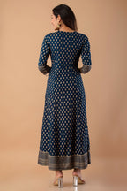 Juniper Navy Rayon Festive Wear Foil Printed A-Line Long Dress - Distacart