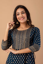 Juniper Navy Rayon Festive Wear Foil Printed A-Line Long Dress - Distacart