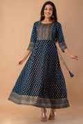 Juniper Navy Rayon Festive Wear Foil Printed A-Line Long Dress - Distacart