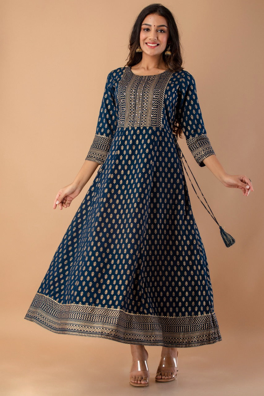 Juniper Navy Rayon Festive Wear Foil Printed A-Line Long Dress - Distacart