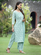 Juniper Women's Sagegreen Cotton Cambric Festive Printed Kurta Set - Distacart