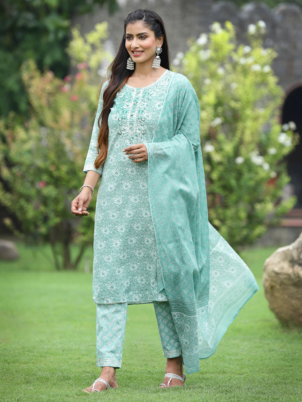 Juniper Women's Sagegreen Cotton Cambric Festive Printed Kurta Set - Distacart