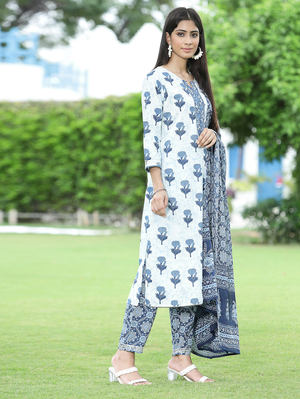 Juniper Women's Blue Cotton Cambric Festive Printed Kurta Set - Distacart