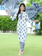 Juniper Women's Blue Cotton Cambric Festive Printed Kurta Set - Distacart