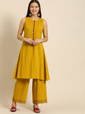 All About You Women Mustard Yellow Self Design Pure Cotton A-Line Kurta with Palazzos