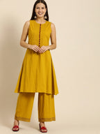 All About You Women Mustard Yellow Self Design Pure Cotton A-Line Kurta with Palazzos