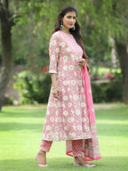 Juniper Women's PInk Cotton Cambric Festive Printed Kurta Set - Distacart