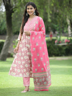 Juniper Women's PInk Cotton Cambric Festive Printed Kurta Set - Distacart