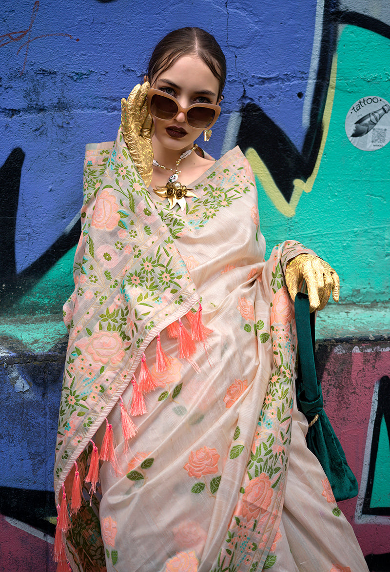 Monjolika Fashion Handloom Weaving Ethnic Saree In Cream