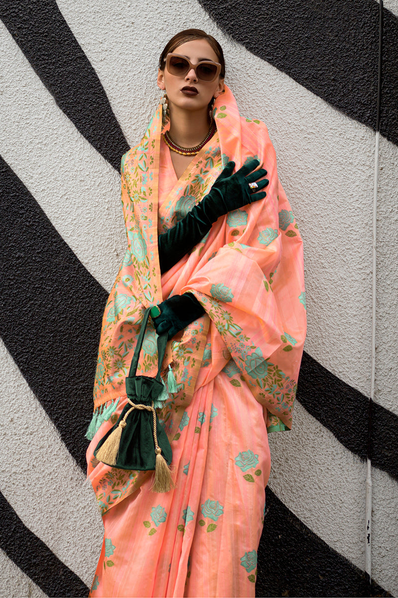 Monjolika Fashion Handloom Weaving Ethnic Saree In Peach - Distacart