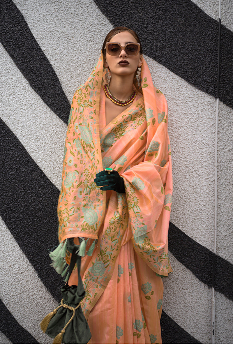 Monjolika Fashion Handloom Weaving Ethnic Saree In Peach - Distacart