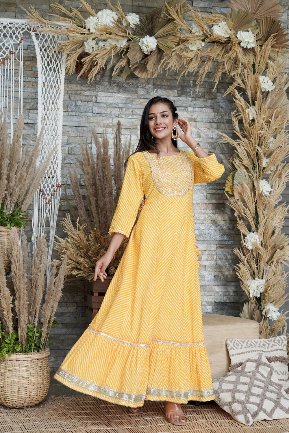 Juniper Women's Yellow Printed Flared Cotton Cambric Dress - Distacart