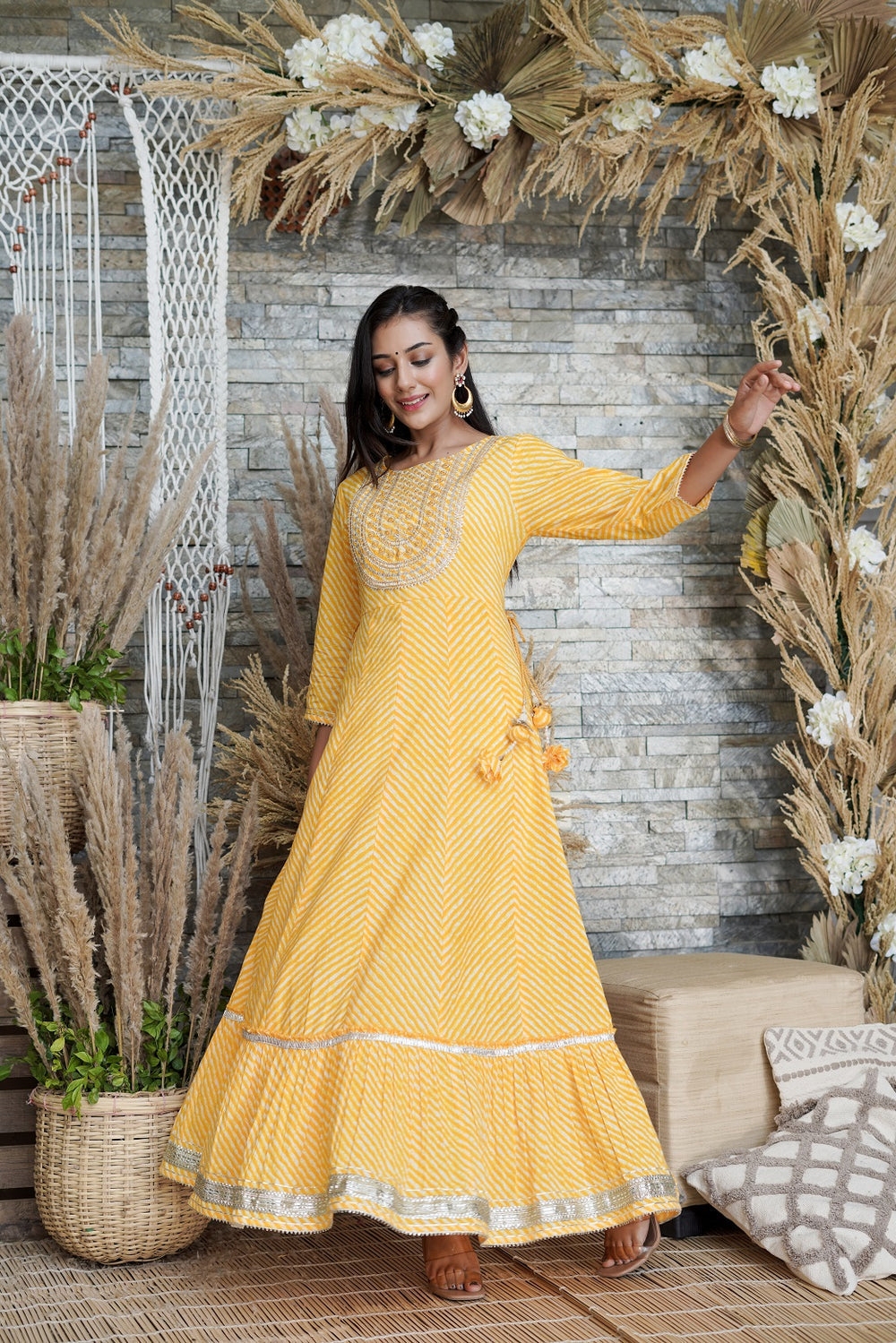 Juniper Women's Yellow Printed Flared Cotton Cambric Dress - Distacart