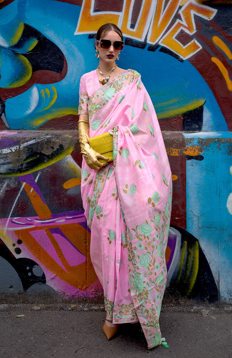 Monjolika Fashion Handloom Weaving Ethnic Saree In Pink - Distacart
