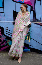 Monjolika Fashion Handloom Weaving Ethnic Saree In Grey