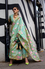 Monjolika Fashion Handloom Weaving Ethnic Saree In Sea Green