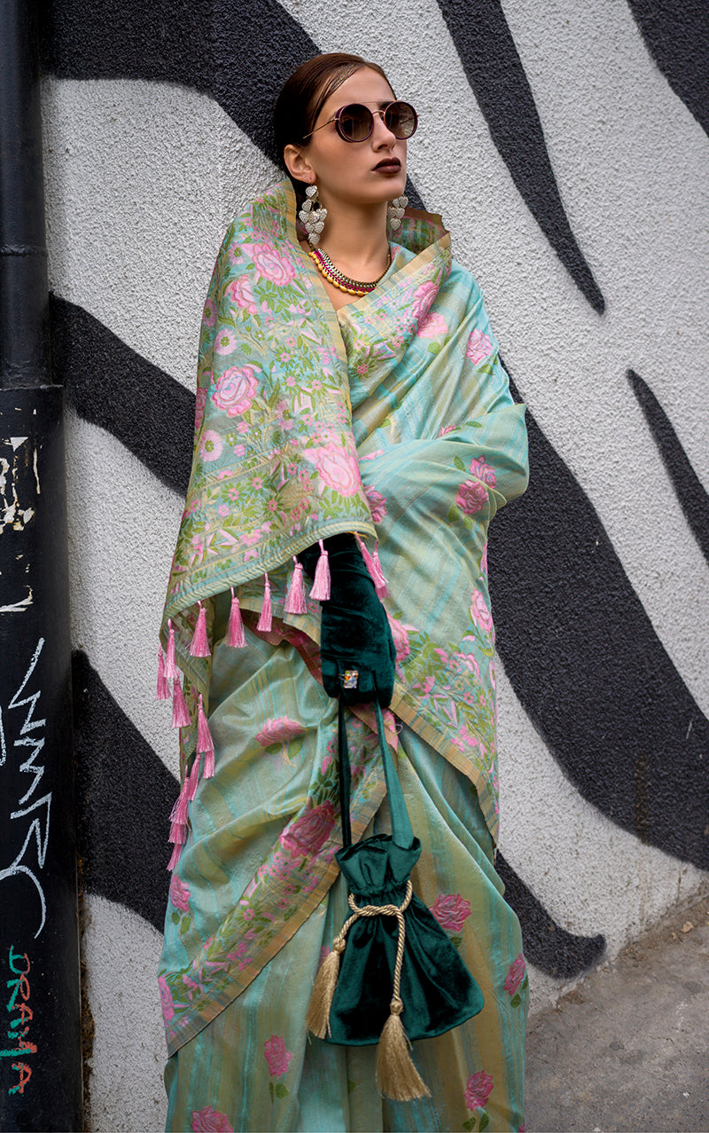 Monjolika Fashion Handloom Weaving Ethnic Saree In Sea Green