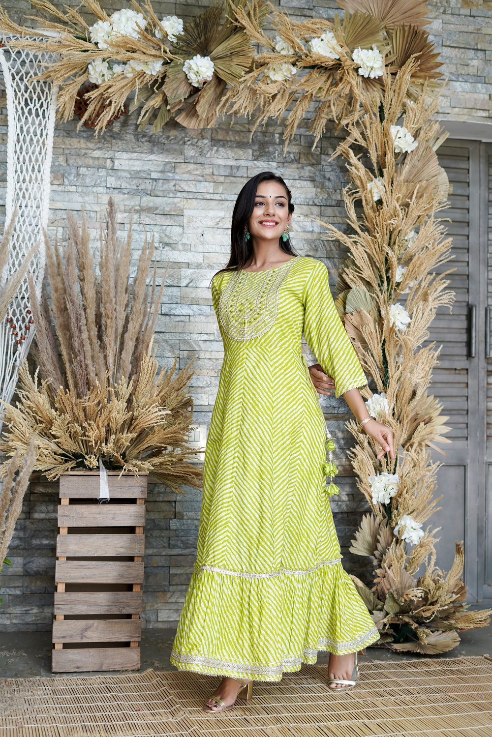 Juniper Women's Green Printed Flared Cotton Cambric Dress - Distacart