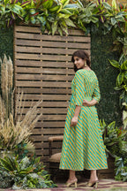 Juniper Women's Cotton Cambric Green Printed Flared Festive Long Dress - Distacart